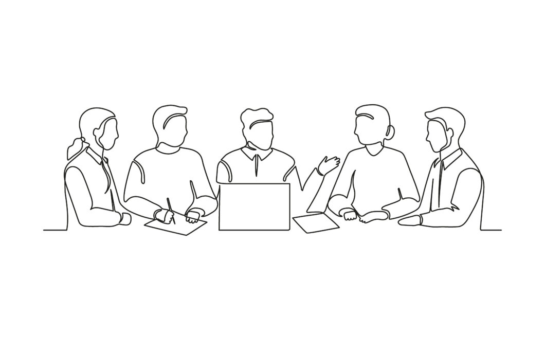 Business Meeting Of Group Office People, Work On Laptop, Continuous One Line Drawing. Teamwork, Learning Or Business Talking, Partnership In Work. Simple Single Minimalism Outline Style. Vector