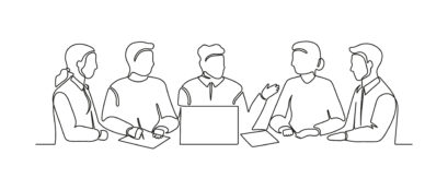 Business Meeting Of Group Office People, Work On Laptop, Continuous One Line Drawing. Teamwork, Learning Or Business Talking, Partnership In Work. Simple Single Minimalism Outline Style. Vector